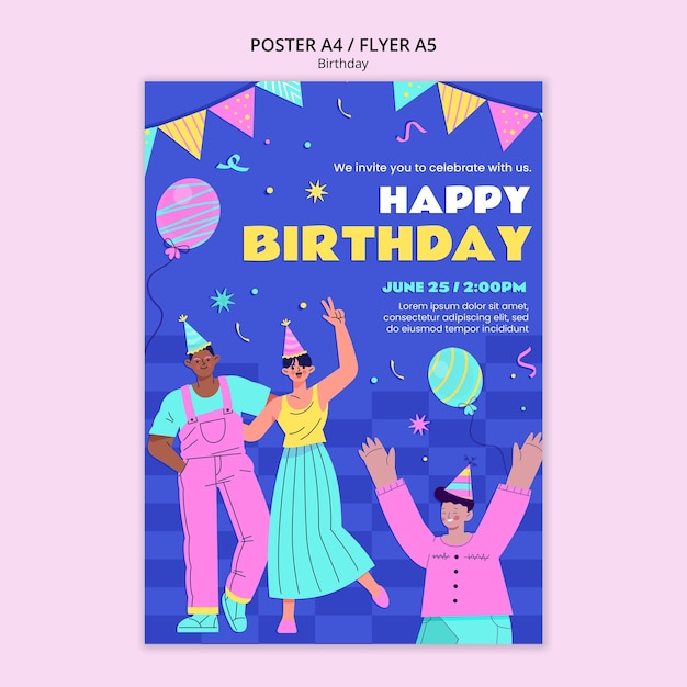 PSD flat design birthday celebration poster