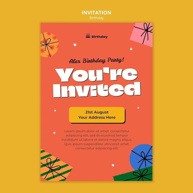 Flat design birthday party invitation template