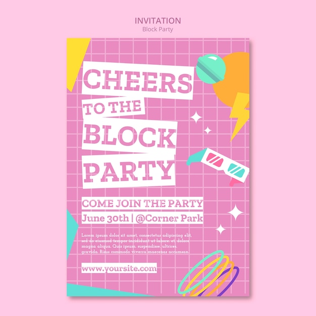 PSD flat design block party invitation template