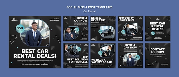 PSD flat design car rental instagram posts template