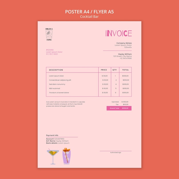 PSD flat design cocktail bar invoice template