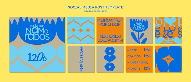 PSD Плоский дизайн dia dos namorados instagram посты шаблон