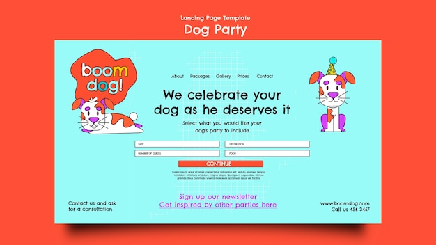 PSD modello di landing page per feste per cani dal design piatto