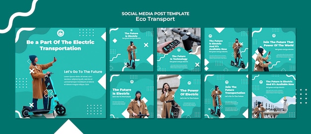 Flat design eco transport instagram posts template