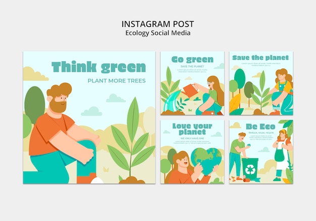 PSD post di instagram del concetto di ecologia del design piatto