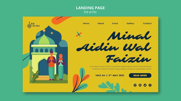 Flat design eid al fitr landing page  template