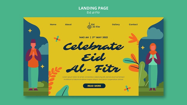 Flat design eid al fitr landing page  template