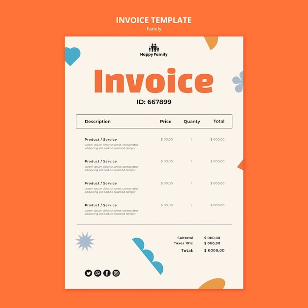 PSD flat design family celebration invoice template