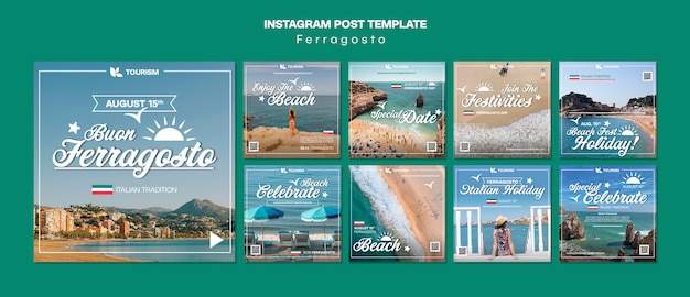 PSD flat design ferragosto celebration instagram posts