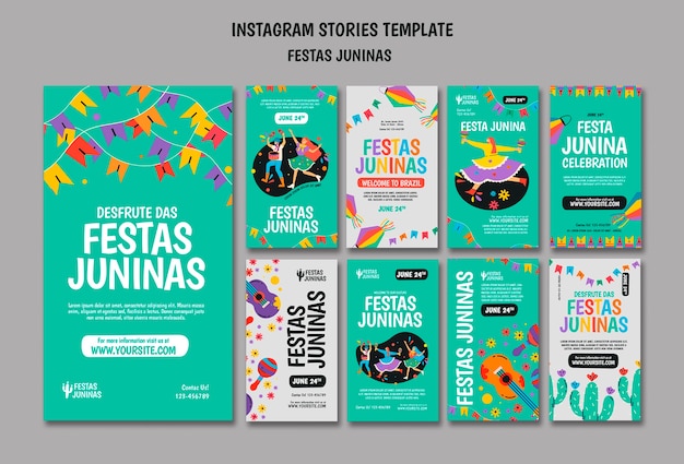 Шаблон историй instagram festas juninas в плоском дизайне