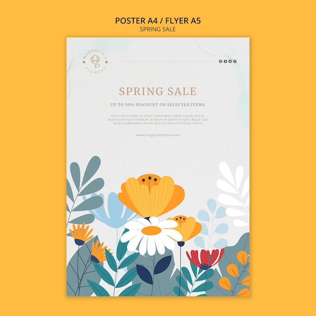 PSD flat design floral spring sales poster template