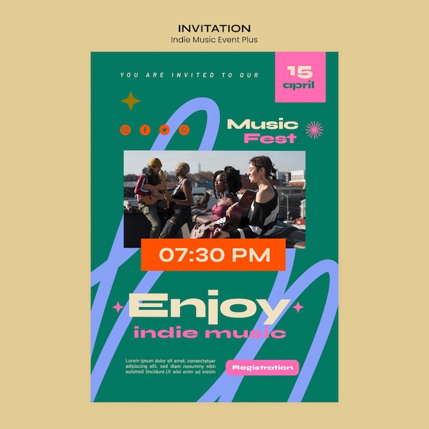 PSD flat design indie music invitation template