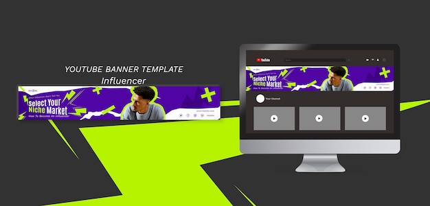 PSD banner youtube di strategia di influencer design piatto