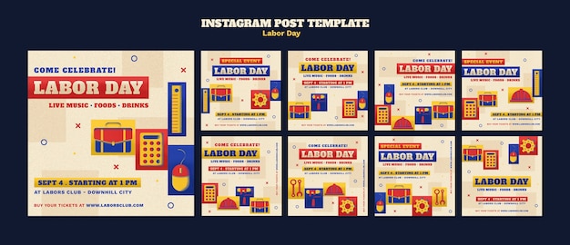 Flat design labor day instagram posts