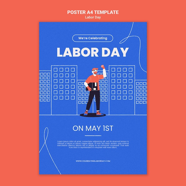 PSD Шаблон плаката дня труда в плоском дизайне