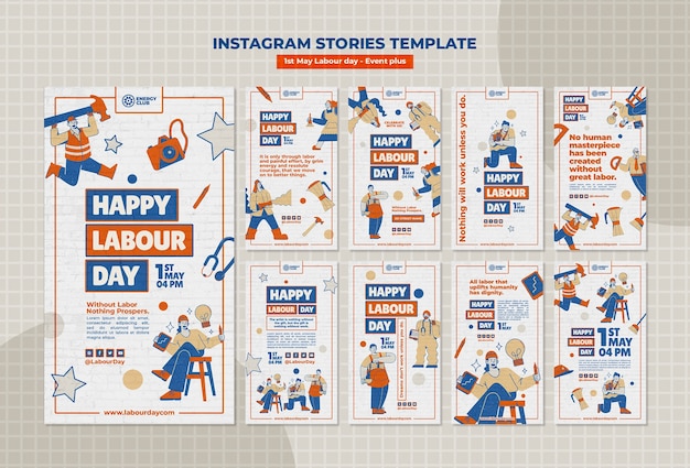 PSD storie di instagram per la celebrazione della festa del lavoro dal design piatto