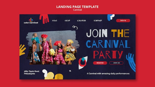 PSD Плоский дизайн целевой страницы карнавального шаблона