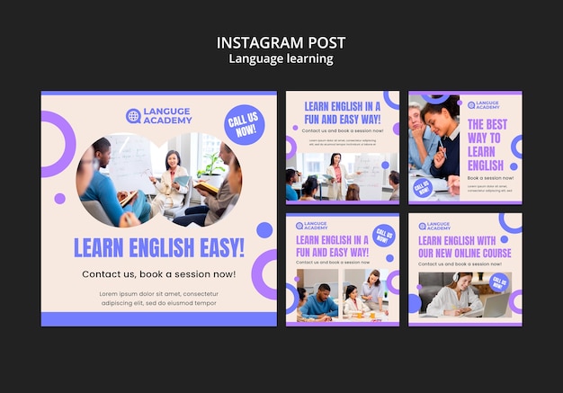 Post di instagram per l'apprendimento delle lingue dal design piatto