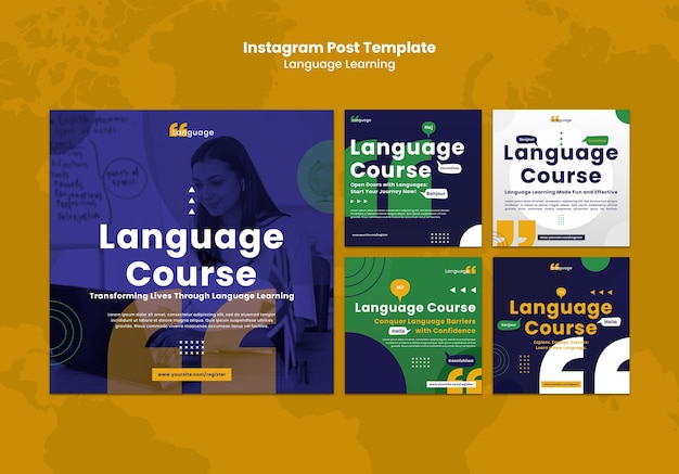 Flat design language learning instagram posts