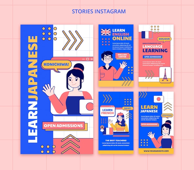 PSD set di storie di instagram per l'apprendimento delle lingue dal design piatto