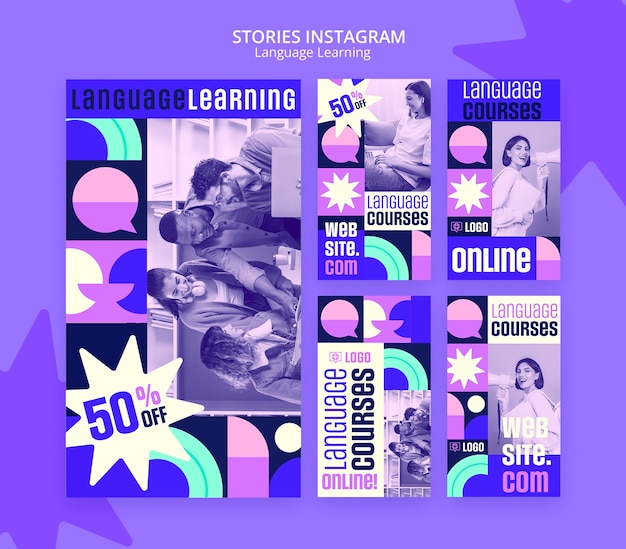 PSD storie di instagram per l'apprendimento delle lingue dal design piatto