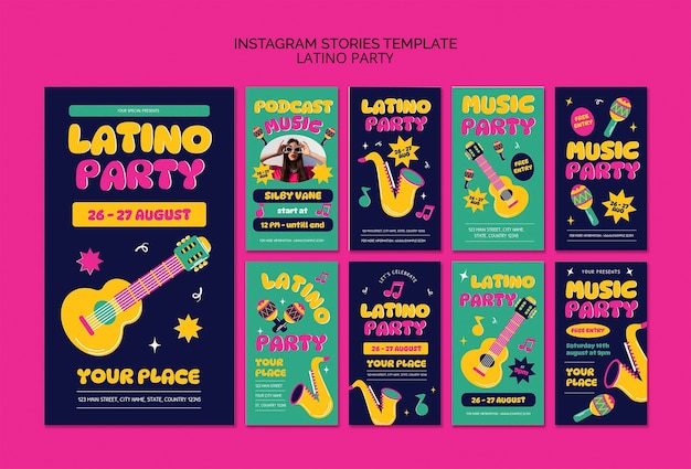 Instagram истории латиноамериканской вечеринки в плоском дизайне