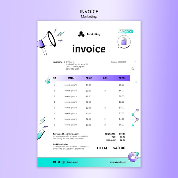 Flat design marketing strategy invoice template