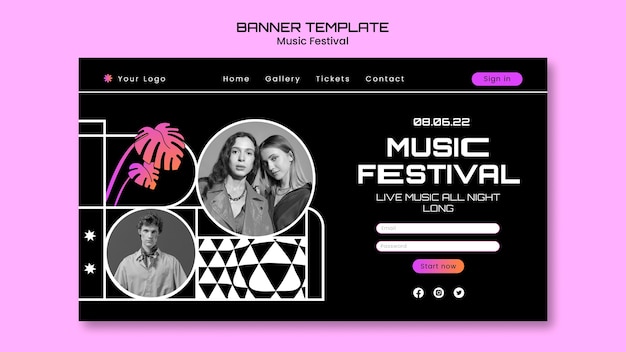 Шаблон целевой страницы музыкального фестиваля в плоском дизайне