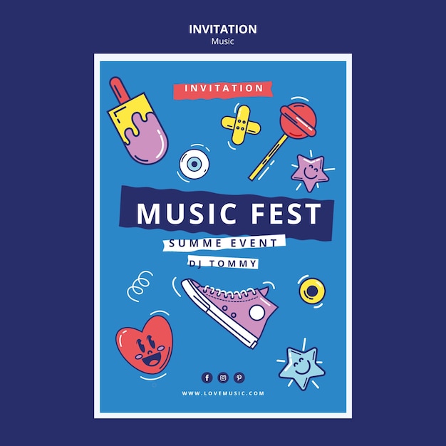 Flat design music invitation template