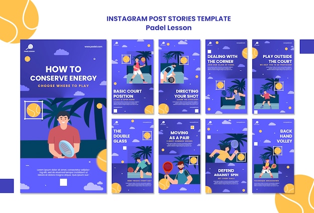 PSD storie di instagram di lezioni di paddle tennis dal design piatto