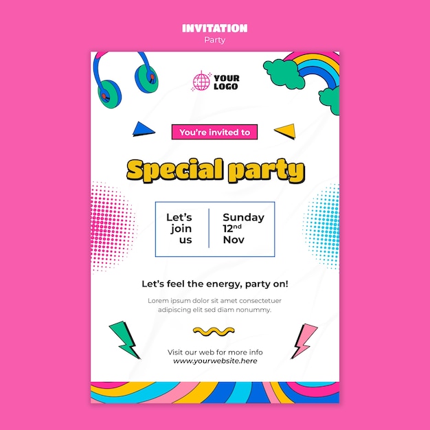 フラットなデザインのパーティーのお祝いの招待状のテンプレート