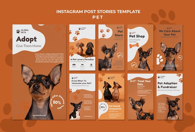 PSD modello di storie di instagram di adozione di animali domestici dal design piatto