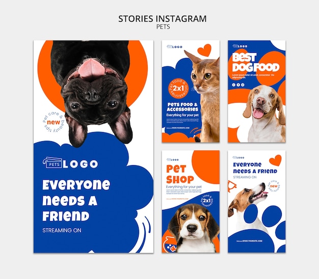 PSD gli animali domestici dal design piatto si prendono cura delle storie di instagram