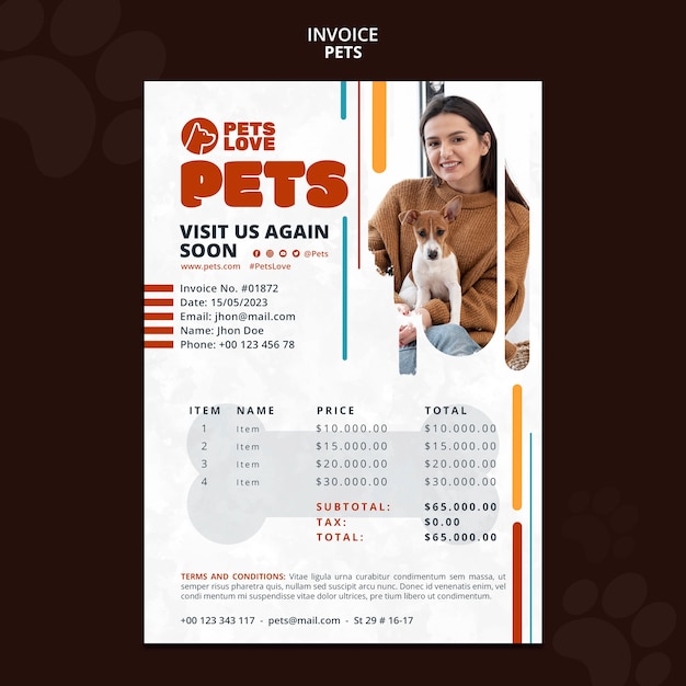 PSD Плоский дизайн шаблона счета-фактуры по уходу за домашними животными