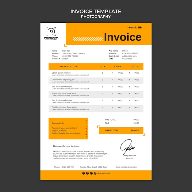 Flat design photography invoice template