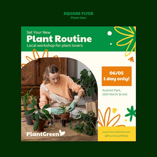 PSD flat design plant care square flyer template