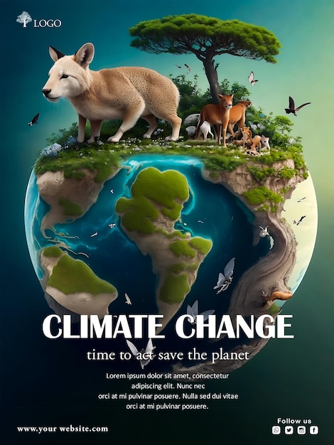 PSD modello di poster e volantino dal design piatto sul cambiamento climatico