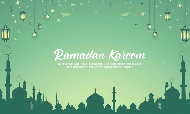 PSD Плоский дизайн рамадан карим фон с фонарем и мечетью