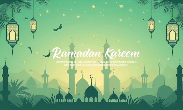 Плоский дизайн рамадан карим фон с фонарем и мечетью