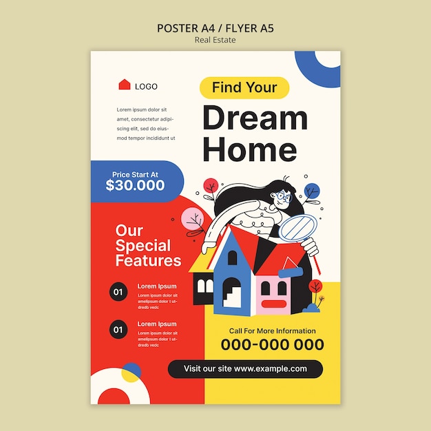 Flat design real estate poster template