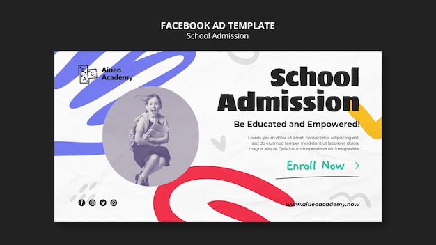 PSD modello facebook per l'ammissione alla scuola di design piatto