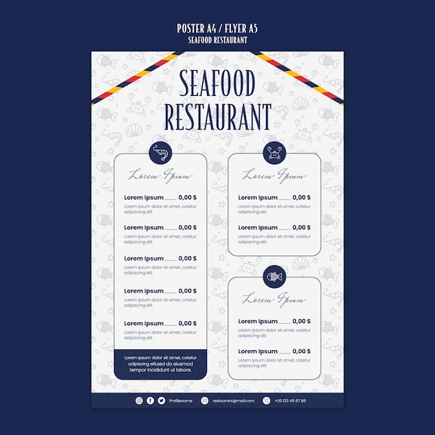 Шаблон ресторана морепродуктов в плоском дизайне