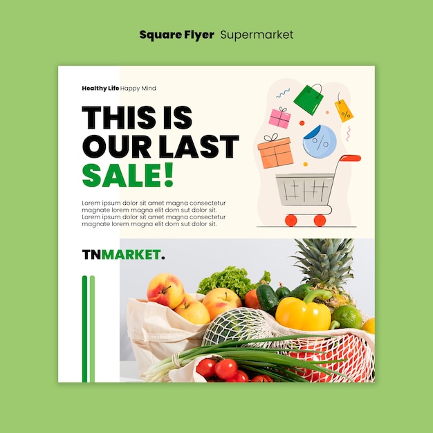 PSD flat design supermarket square flyer template