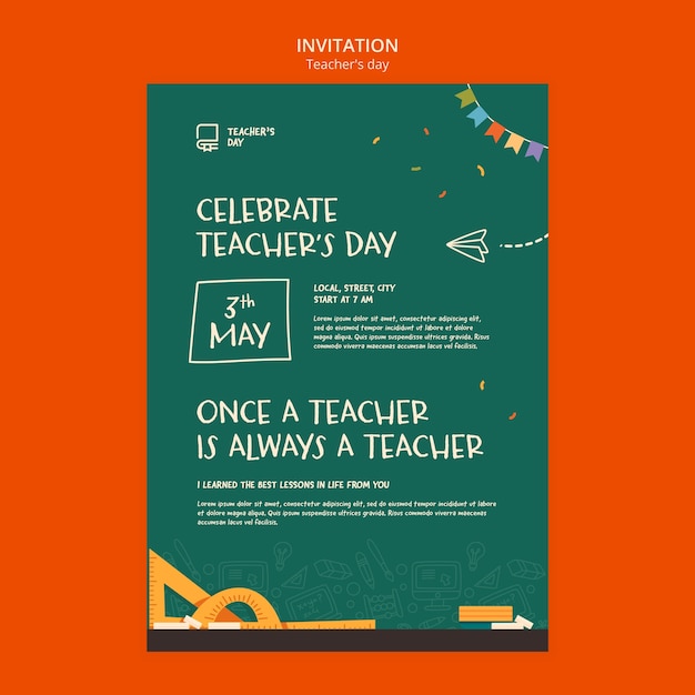 Flat design teacher's day invitation template