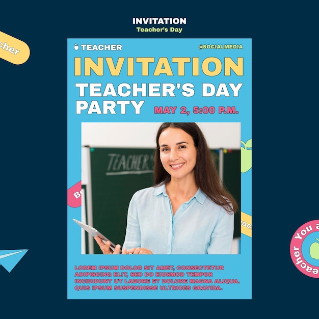 PSD flat design teacher's day invitation template