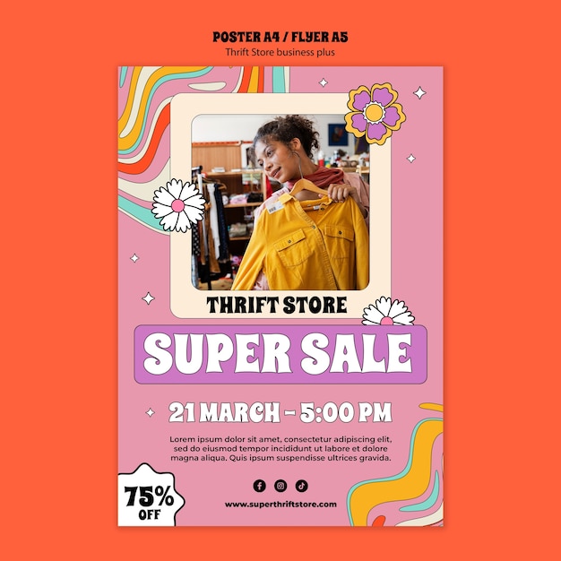 PSD flat design thrift store poster template