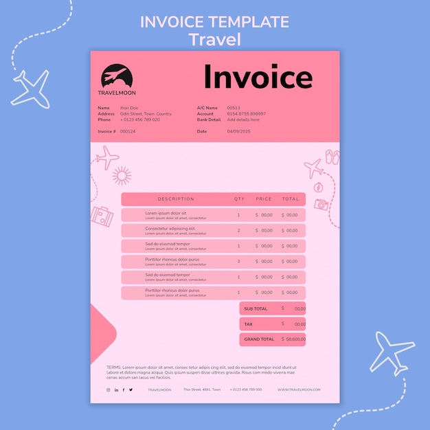 PSD flat design travel adventure invoice template