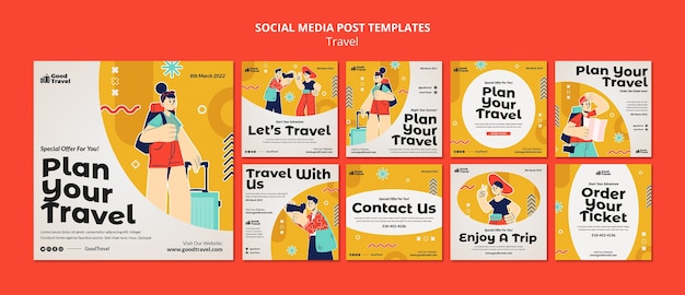 Flat design travel instagram posts template