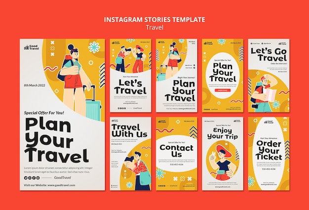 Плоский дизайн шаблона рассказов о путешествиях в instagram