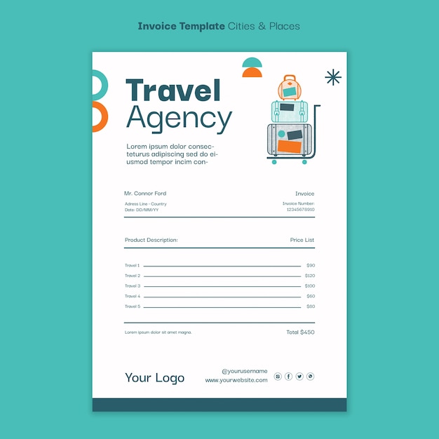 PSD flat design traveling adventure invoice template